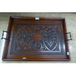 EDWARDIAN CARVED WOODEN TWO HANDLED TEA TRAY INSCRIBED - MAY HAPPINESS ATTEND YE