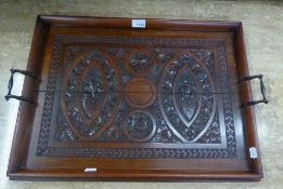 EDWARDIAN CARVED WOODEN TWO HANDLED TEA TRAY INSCRIBED - MAY HAPPINESS ATTEND YE