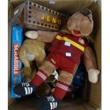BOX OF SOFT TOYS VARIOUS AND A BOXED JUNIOR SCRABBLE ETC...