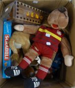 BOX OF SOFT TOYS VARIOUS AND A BOXED JUNIOR SCRABBLE ETC...