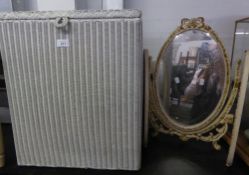 A CREAM AND GILT PAINTED TRIPLE OVAL TOILET MIRROR, AND A WHITE LOOM LINEN RECEIVER