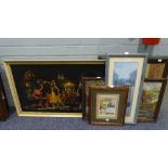 SIX PICTURES AND PRINTS, various, including a tapestry, all framed and glazed, (6)