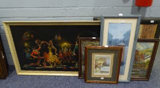 SIX PICTURES AND PRINTS, various, including a tapestry, all framed and glazed, (6)