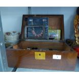 BRASS INLAID NINETEENTH CENTURY MAHOGANY FORMER PORTABLE WRITING SLOPE, NOW LACKING INTERIOR