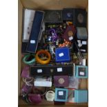 COLLECTION OF COSTUME JEWELLERY INCLUDING; BOXED PAST TIMES SILVER CAT PIN, THREE BOXED BROOKS AND