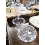 A HEAVY CUT GLASS CIRCULAR ASHTRAY (A.F.)  AND A GLASS  TABLE CENTRE TRUMPET FLOWER RECEIVER WITH