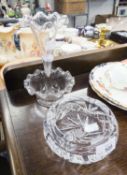 A HEAVY CUT GLASS CIRCULAR ASHTRAY (A.F.)  AND A GLASS  TABLE CENTRE TRUMPET FLOWER RECEIVER WITH