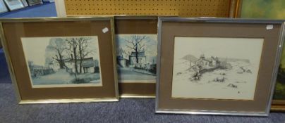 J.A. HURLEY PAIR OF ARTIST SIGNED COLOUR PRINTS RURAL SCENES WITH BUILDING SIGNED IN PENCIL 8 ½? X