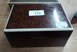 A BURRWOOD AND IVORY BORDERED TABLE CIGARETTE BOX