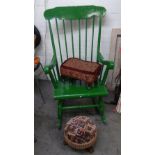 A GREEN PAINTED HARD WOOD COMB-BACKED ROCKING ARMCHAIR AND CIRCULAR STOOL (2)