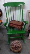 A GREEN PAINTED HARD WOOD COMB-BACKED ROCKING ARMCHAIR AND CIRCULAR STOOL (2)