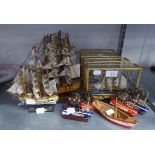 FOURTEEN SMALL MODELS OF GALLEONS AND SMALL BOATS