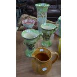 FIVE PIECES OF ART DECO ARTHUR WOOD POTTERY: THREE MATCHING LUSTRE GLAZED POTTERY TWO HANDLED VASES,