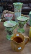 FIVE PIECES OF ART DECO ARTHUR WOOD POTTERY: THREE MATCHING LUSTRE GLAZED POTTERY TWO HANDLED VASES,