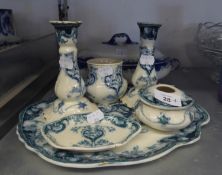 KEELING AND CO., (LATE MAYER) 'CROMER' ART DECO DESIGN BLUE AND WHITE POTTERY SIX PIECE DRESSING