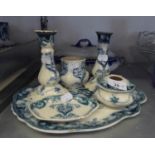 KEELING AND CO., (LATE MAYER) 'CROMER' ART DECO DESIGN BLUE AND WHITE POTTERY SIX PIECE DRESSING