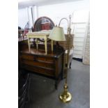 A DRESSING STOOL, BUTTON UPHOLSTERED AND A GILT BRASS STANDARD LAMP WITH TURNED OVER  TOP AND