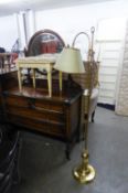 A DRESSING STOOL, BUTTON UPHOLSTERED AND A GILT BRASS STANDARD LAMP WITH TURNED OVER  TOP AND