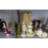 SUNDRY ORNAMENTS, MAINLY RESIN OR CERAMIC AND A RESIN FEMALE FIGURE TABLE LAMP AND SILK SHADE