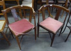 A PAIR OF INLAID MAHOGANY CORNER CHAIRS, WITH  CURVED BACK AND 'X' STRETCHER  (2)