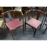 A PAIR OF INLAID MAHOGANY CORNER CHAIRS, WITH  CURVED BACK AND 'X' STRETCHER  (2)