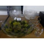 FIVE EDWARDIAN GLASS FRUIT BOWLS, ALSO FIVE AUTOMOBILE THEMED GLASS TOTS AND A GLASS FLOWER VASE AND