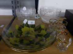 FIVE EDWARDIAN GLASS FRUIT BOWLS, ALSO FIVE AUTOMOBILE THEMED GLASS TOTS AND A GLASS FLOWER VASE AND