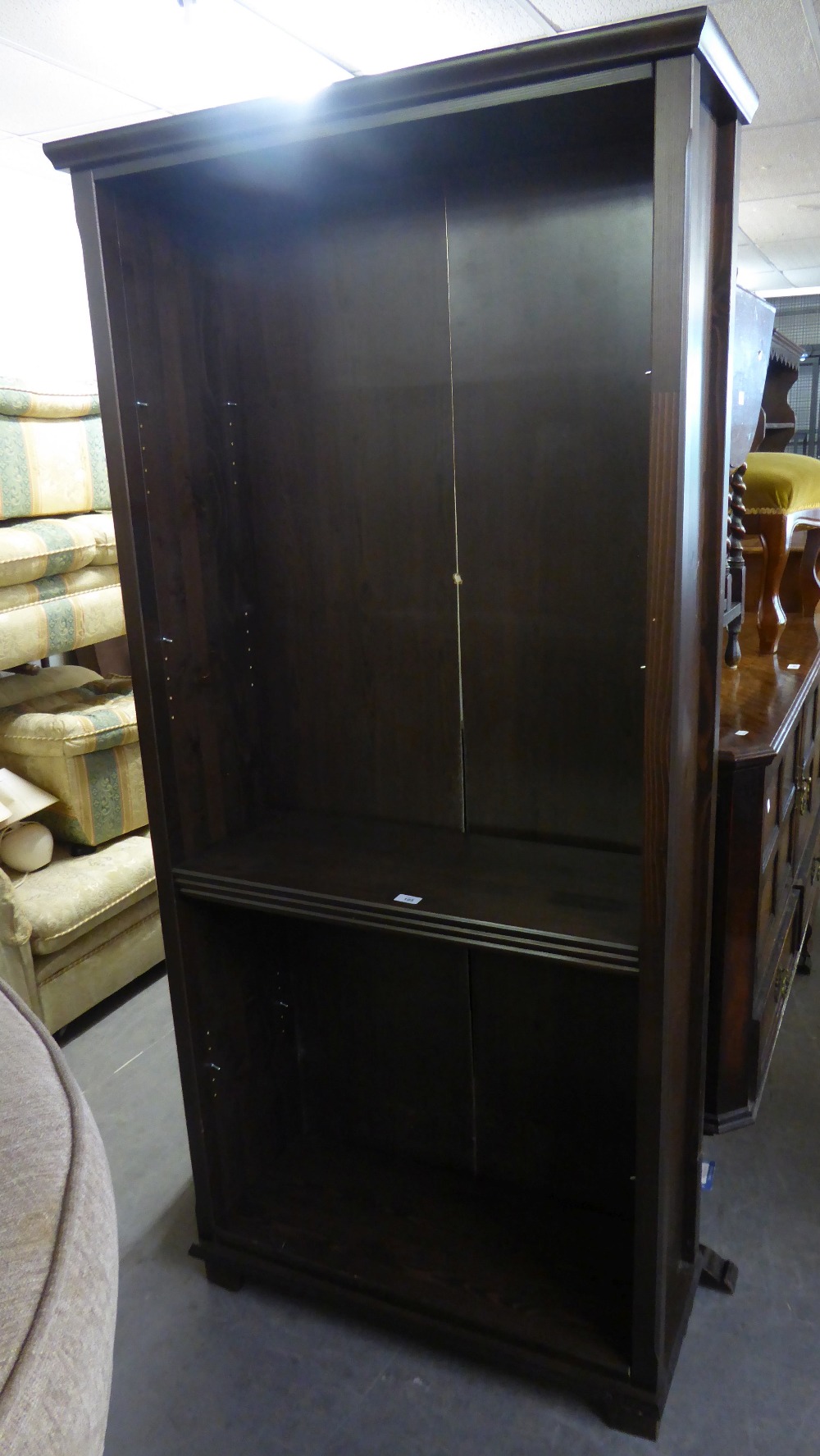 AN IKEA DARK STAINED LARGE OPEN BOOKCASE (86cm wide x 32cm deep x 191cm high)