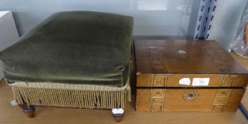 VICTORIAN TUNBRIDGE WARE BANDED WALNUT WORK BOX, with lift-out tray, and a VICTORIAN MAHOGANY