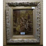 A CRYSTOLEUM DEPICTING A COURTIER WATCHING A LADY PAINTING AT AN EASEL,  9 1/2" X 7" FRAMED