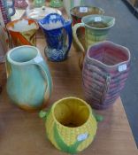 SEVEN ART DECO POTTERY JUGS AND VASES, Shorter & Son, Crown Devon, Solian Ware, Samford Ware,