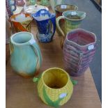 SEVEN ART DECO POTTERY JUGS AND VASES, Shorter & Son, Crown Devon, Solian Ware, Samford Ware,