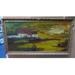 ASHMORE (1973)  OIL PAINTING ON BOARD  HARBOUR SCENE AT LOW TIDE  20" X 40"  AND TWO OTHER OILS,