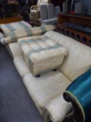 A LOUNGE SUITE OF FOUR PIECES, UPHOLSTERED AND COVERED IN EMBOSSED CREAM AND BLUE STRIPED FABRIC,