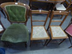 A SINGLE VICTORIAN OAK CHAIR, WITH BUTTON BACK, ON TURNED FRONT SUPPORTS AND TWO BEDROOM CHAIRS (3)