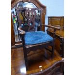 ANTIQUE COUNTRY OAK CARVER ARMCHAIR, with pierced splat, square, moulded front laegs and later