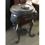 INDIAN EBONISED JARDINIÈRE STAND, with three elephant mask and trunk supports, (a/f), 28 ½? high