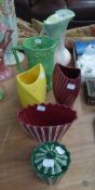 SIX PIECES OF ART DECO SYLAVAC POTTERY: TWO VASES (2288) red and yellow, TWO JUGS (3294 and 1344),