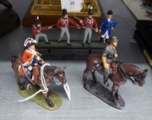 TWO COLD PAINTED LEAD EQUESTRIAN SOLDIERS AND A SET OF FOUR SOLDIERS (6)
