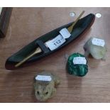 A CARVED MALACHITE MODEL OF A FROG; AN ONYX MODEL FROG AND ANOTHER AND A CARVED WOOD MODEL OF AN