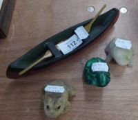 A CARVED MALACHITE MODEL OF A FROG; AN ONYX MODEL FROG AND ANOTHER AND A CARVED WOOD MODEL OF AN