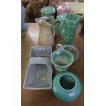 TEN PIECES OF ART DECO POTTERY, MAINLY JUGS AND VASES, but including a BESWICK BASKET (475) in