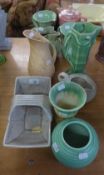 TEN PIECES OF ART DECO POTTERY, MAINLY JUGS AND VASES, but including a BESWICK BASKET (475) in