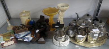 MIXED LOT TO INCLUDE; STAINLESS STEEL TEA SET, ANOTHER TEA SET ON TRAY, A WOODEN CARVED STAND ETC...