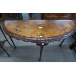 VICTORIAN AND LATER INLAID WALNUT AND BEECH DEMI-LUNE SIDE TABLE, made from part of the top of a loo