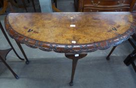 VICTORIAN AND LATER INLAID WALNUT AND BEECH DEMI-LUNE SIDE TABLE, made from part of the top of a loo