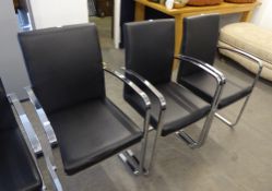 SET OS SIX FEBLAND 'BRECIA' BRIGHT STEEL CANTILEVER DINING CHAIRS WITH BLACK HIDE BACKS AND SEATS