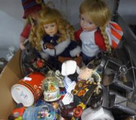 THREE PORCELAIN COLLECTORS DOLLS, A MINIATURE TRICYCLE, DISNEY SOFT TOYS AND SMALL CHINA FIGURES,