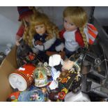 THREE PORCELAIN COLLECTORS DOLLS, A MINIATURE TRICYCLE, DISNEY SOFT TOYS AND SMALL CHINA FIGURES,