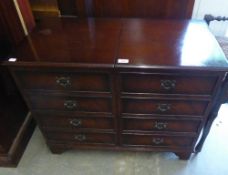 A REPRODUCTION MAHOGANY STEREO UNIT, WITH FALSE DRAWERS AND LIFT-UP TOP AND A MAHOGANY PIANO